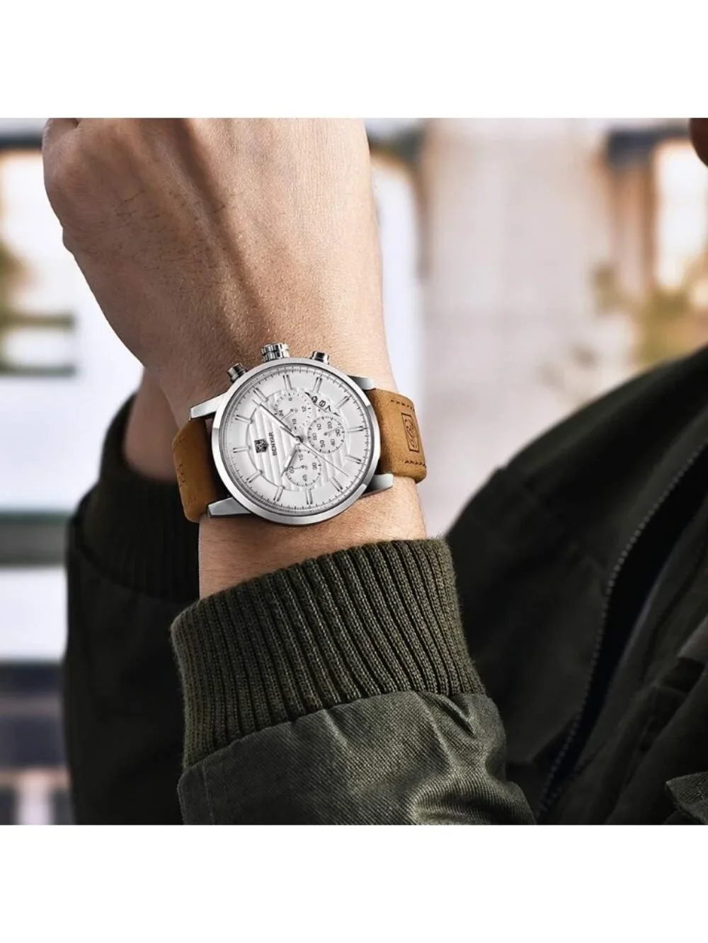 Men's Brown Silver White Analog Quartz Chronograph Waterproof Fashion Wristwatch